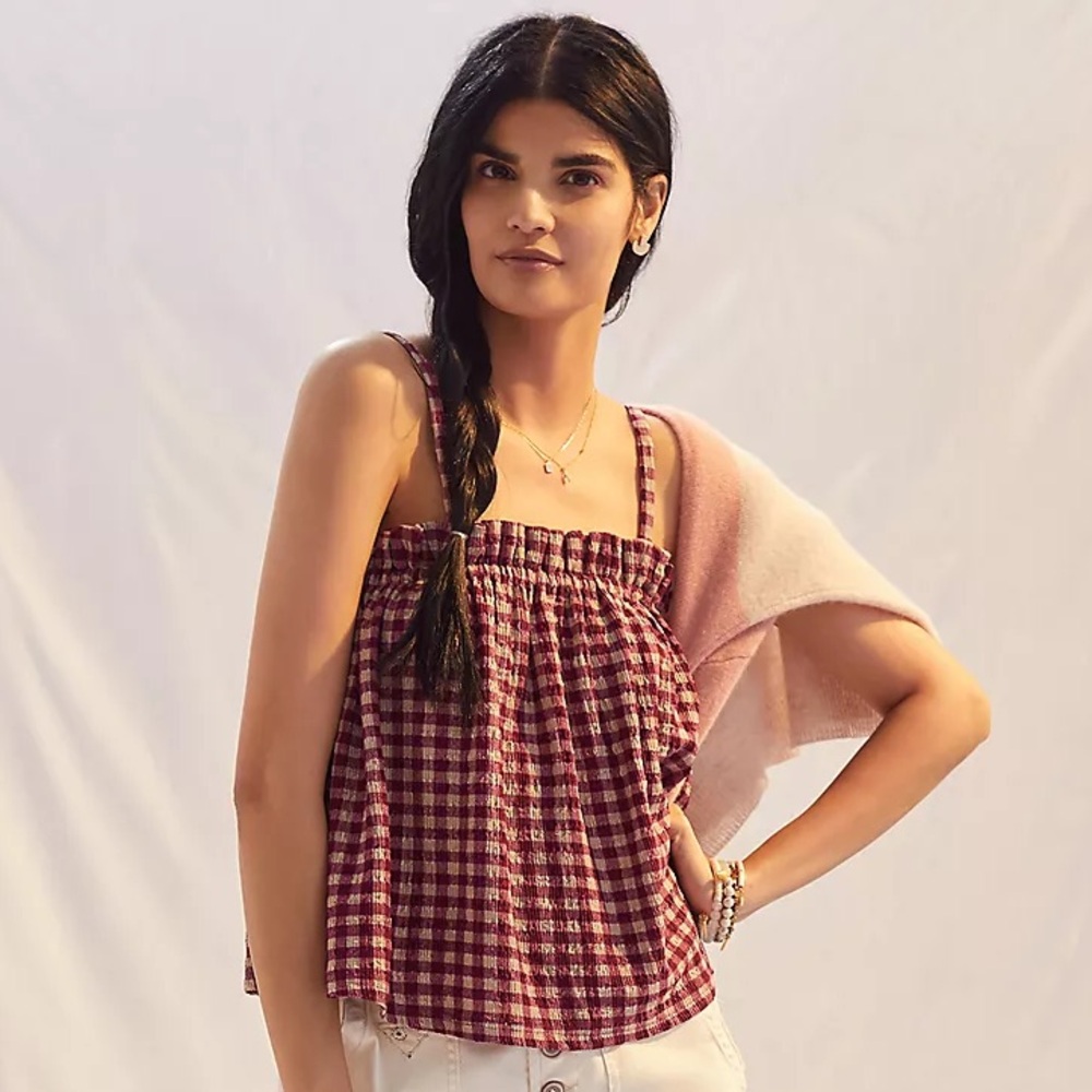 Anthropologie Burgundy and Cream Gingham Tank Top